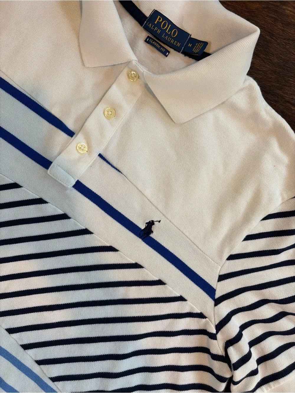 Polo Ralph Lauren Mens M Classic Fit Patchwork Stripe Polo Shirt Blue White Pony